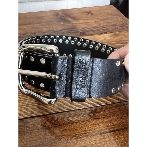 Guess Y2K  Black Leather Silver Riveted Womens Belt Size Medium - Picture 1 of 9